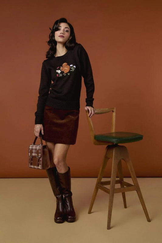 Image of a model wearing Outerwear. Productname: Squirrel Embroidered Jumper in Chocolate colour by brand - Princess Highway