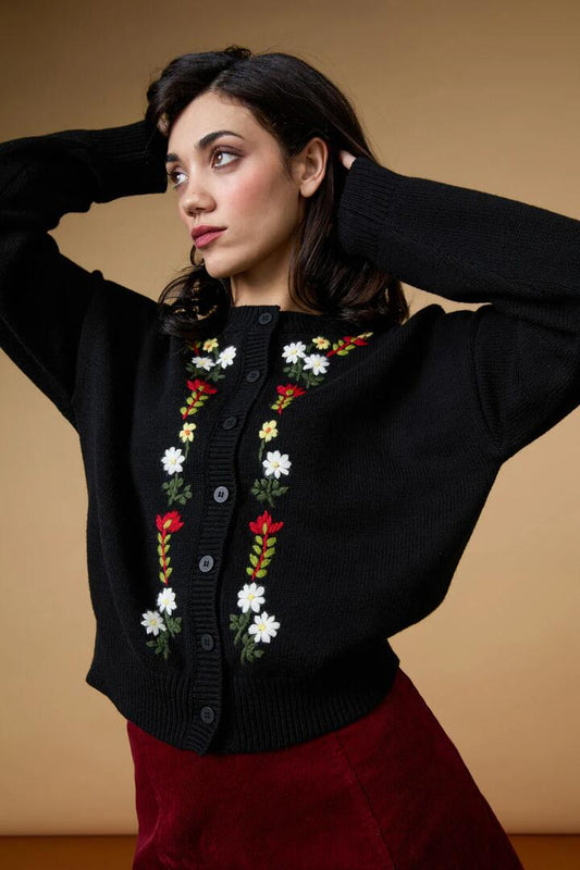 Image of a model wearing Outerwear. Productname: Opal Embroidered Cardigan in Black colour by brand - Princess Highway