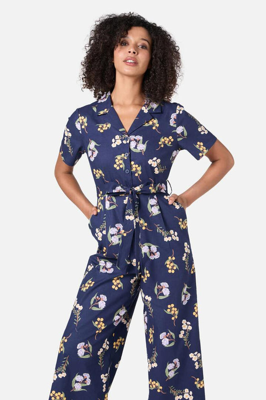 Image of a model wearing Outerwear. Productname: Elsie Native Jumpsuit in Navy colour by brand - Princess Highway