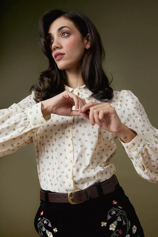 Image of a model wearing Tops. Productname: Lana Ditsy Floral Blouse in Cream/Toffee colour by brand - Princess Highway