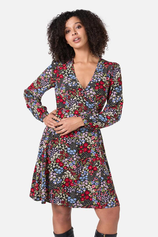 Image of a model wearing Dress. Productname: Ada 90's Floral Mini Wrap Dress in Red colour by brand - Princess Highway