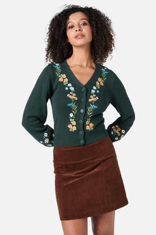 Image of a model wearing Outerwear. Productname: Ada Embroidered Cardi in Green colour by brand - Princess Highway