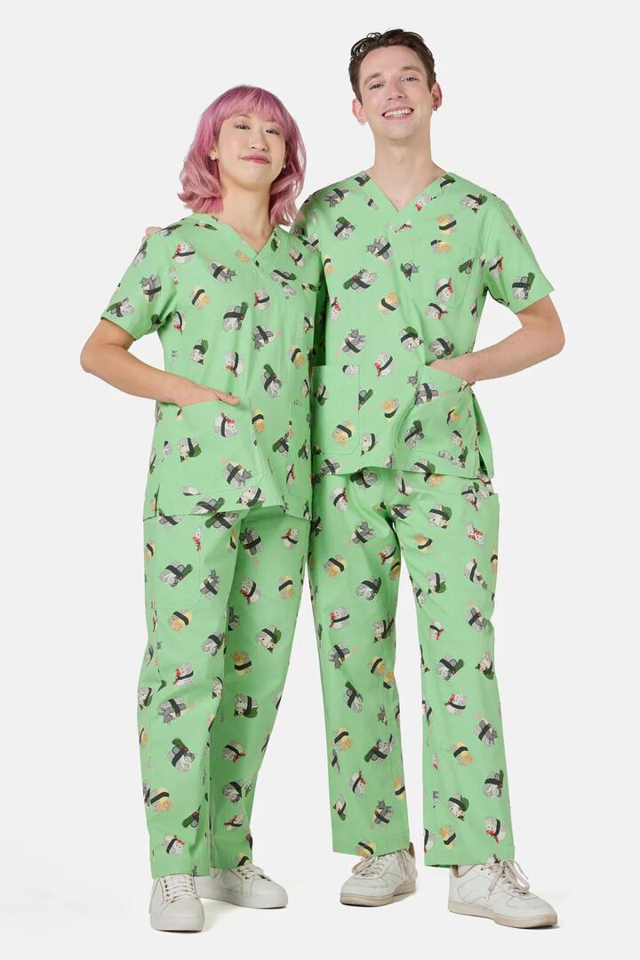 Image of a model wearing Uniforms & Workwear. Productname: Nigiri Cat Scrub Set in Green colour by brand - Dangerfield