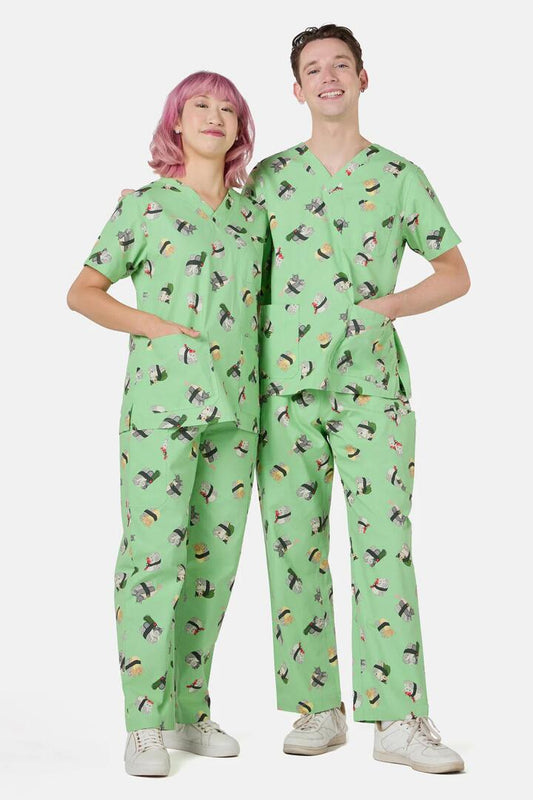 Image of a model wearing Uniforms & Workwear. Productname: Nigiri Cat Scrub Set in Green colour by brand - Dangerfield