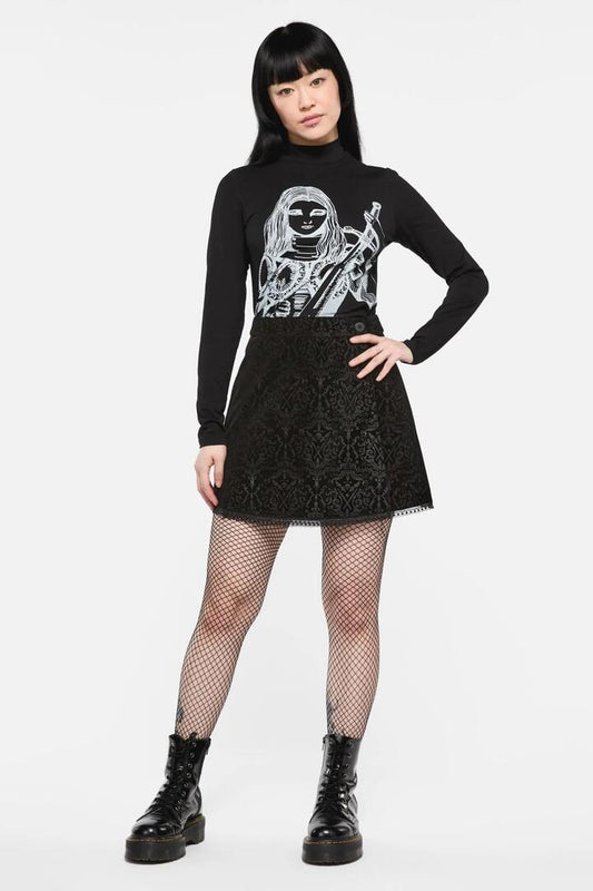 Image of a model wearing Skirts. Productname: Not Afraid Velvet Skirt in Black colour by brand - Black Friday