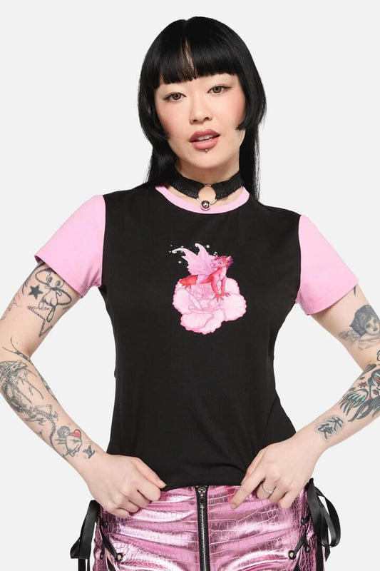 Image of a model wearing Tops. Productname: Dragons Grove Contrast Sleeve Tee in Black/Pink colour by brand - Black Friday
