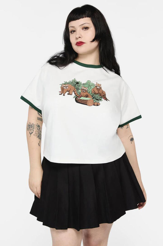 Image of a model wearing Tops. Productname: Curve Haus Of Raccoon Tee in Cream colour by brand - Dangerfield