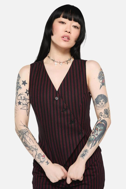 Image of a model wearing Tops. Productname: Undead Pinstripe Vest in Black/Red colour by brand - Black Friday
