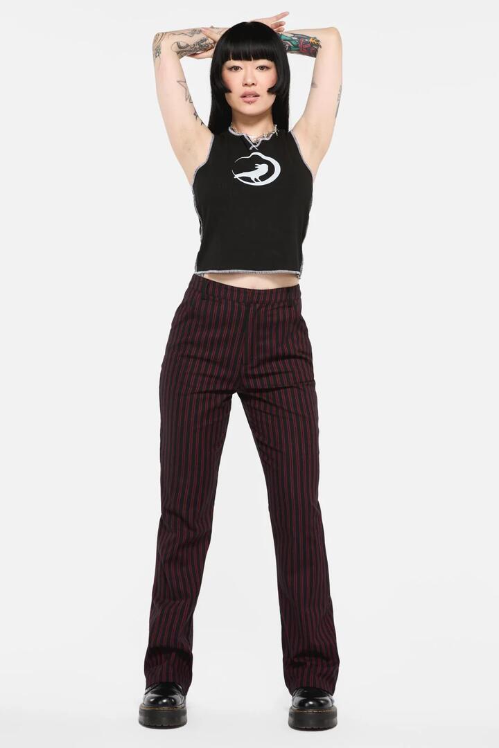 Image of a model wearing Pants. Productname: Undead Pinstripe Pant in Black/Red colour by brand - Black Friday