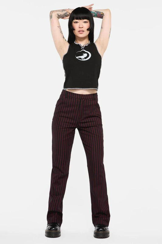 Image of a model wearing Pants. Productname: Undead Pinstripe Pant in Black/Red colour by brand - Black Friday