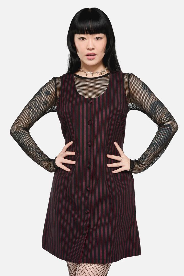Image of a model wearing Dress. Productname: Undead Pinstripe Pinafore in Black/Red colour by brand - Black Friday