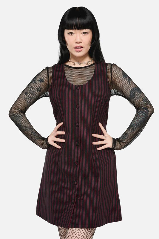 Image of a model wearing Dress. Productname: Undead Pinstripe Pinafore in Black/Red colour by brand - Black Friday