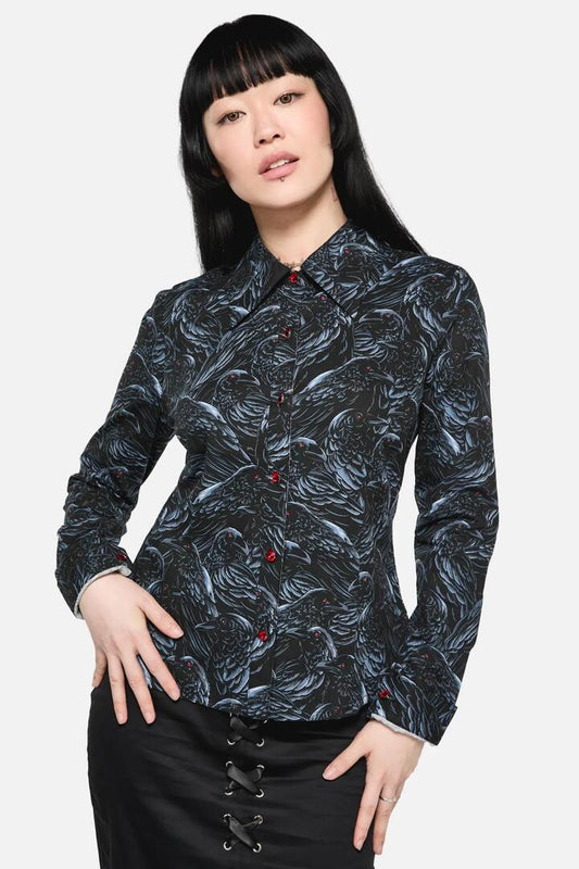 Image of a model wearing Tops. Productname: Murder Of Crows Long Sleeve Blouse in Black colour by brand - Black Friday