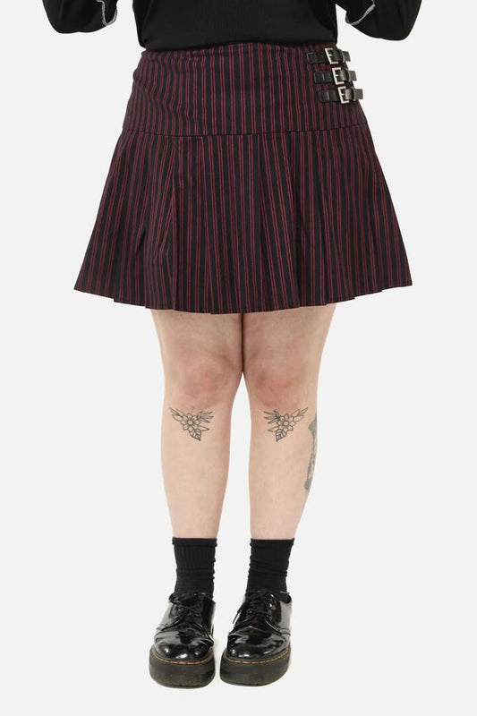 Image of a model wearing Skirts. Productname: Curve Undead Pinstripe Skort in Black/Red colour by brand - Black Friday