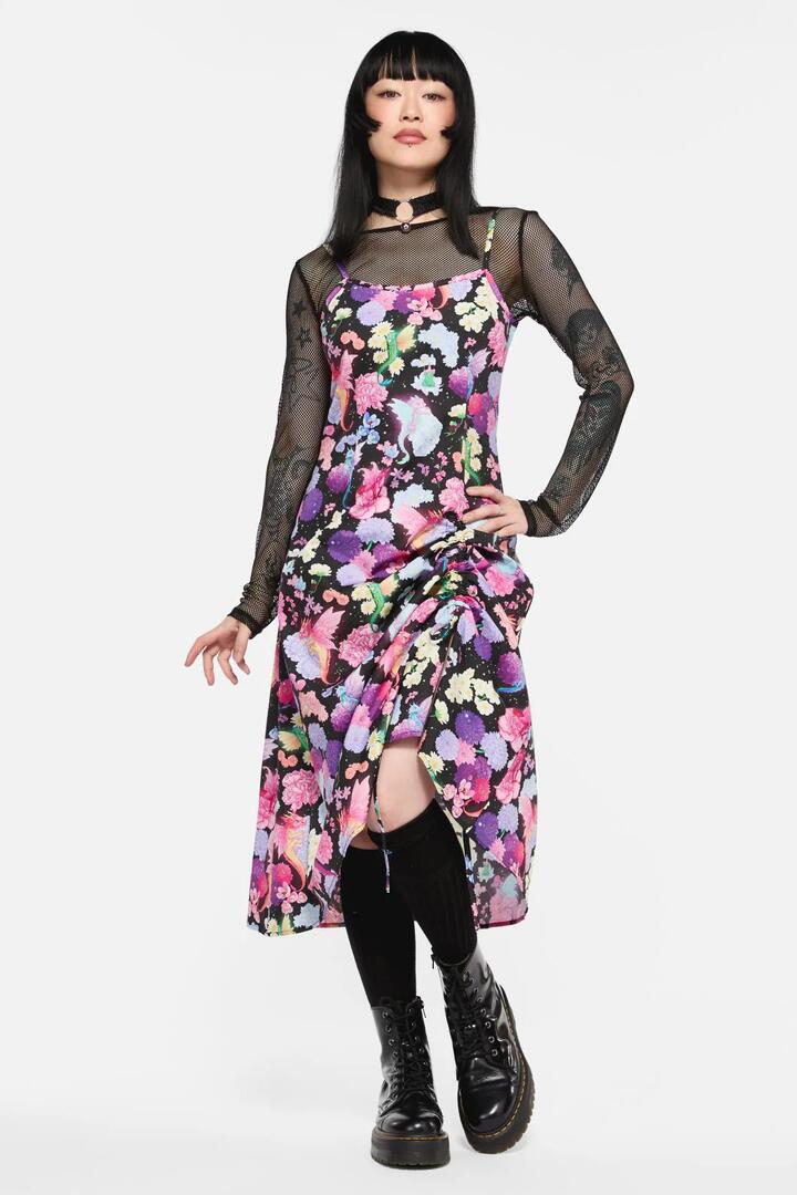 Image of a model wearing Dress. Productname: Dragons Grove Drawstring Slip Dress in Multi colour by brand - Black Friday