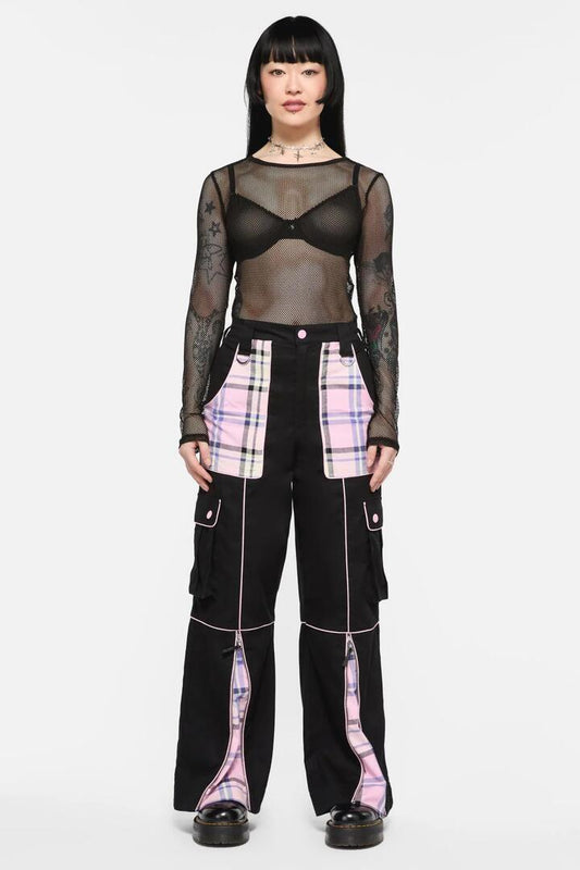 Image of a model wearing Pants. Productname: Dragon Scales Tartan Contrast Cargo in Black/Pink colour by brand - Black Friday