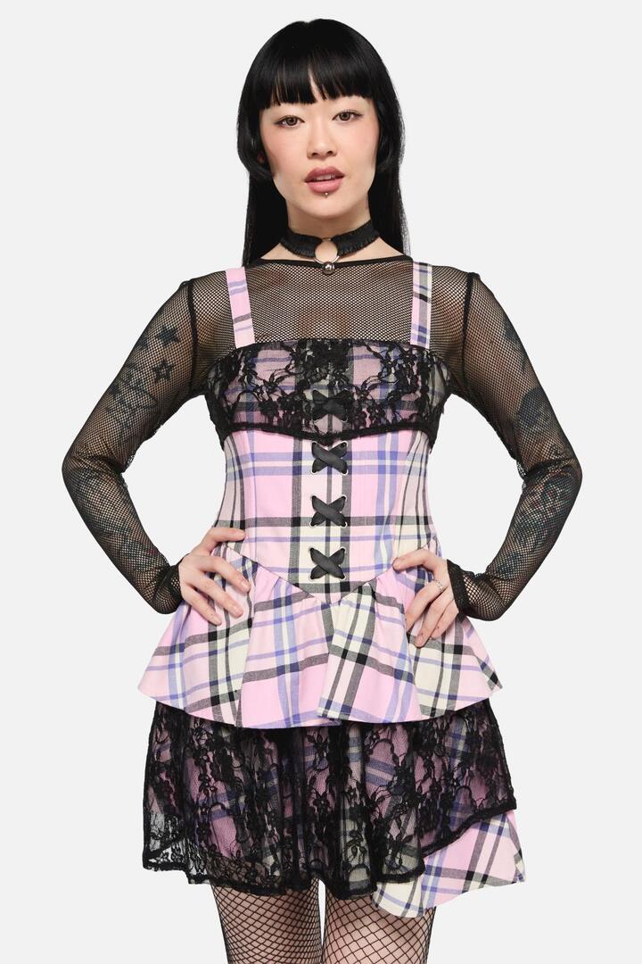 Image of a model wearing Dress. Productname: Dragon Scales Tartan Lacey Layered Dress in Pink colour by brand - Black Friday