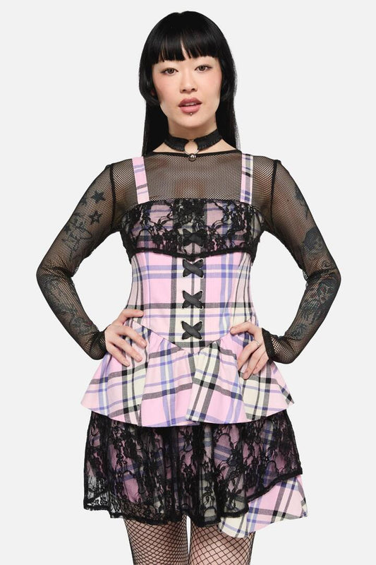 Image of a model wearing Dress. Productname: Dragon Scales Tartan Lacey Layered Dress in Pink colour by brand - Black Friday