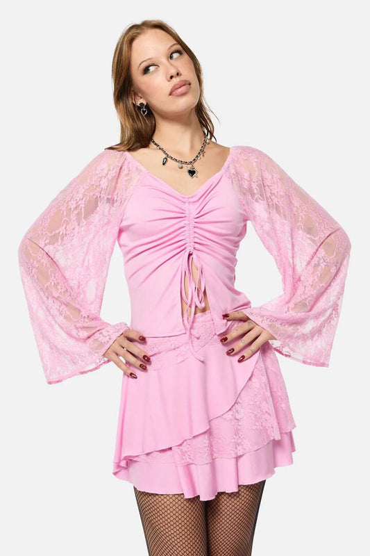Image of a model wearing Tops. Productname: Dragons Grove Lace Sleeve Top in Pink colour by brand - Black Friday