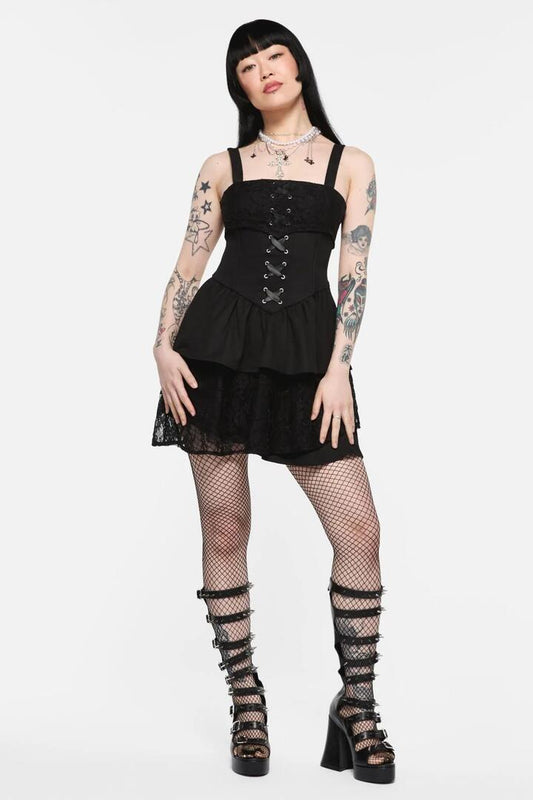 Image of a model wearing Dress. Productname: Dragon Wings Lacey Layered Dress in Black colour by brand - Black Friday
