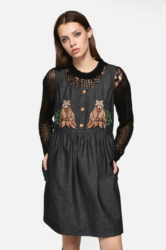 Image of a model wearing Dress. Productname: Haus Of Raccoon Pinny in Black colour by brand - Dangerfield