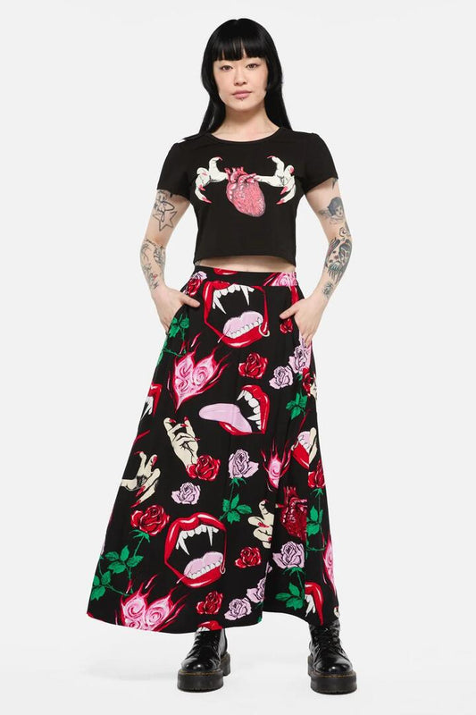Image of a model wearing Skirts. Productname: Immortal Love Midi Skirt in Black/Red colour by brand - Black Friday