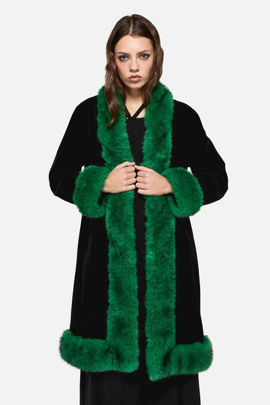 Image of a model wearing Outerwear. Productname: Cub Huddle Fluffy Cord Coat in Black/Green colour by brand - Dangerfield