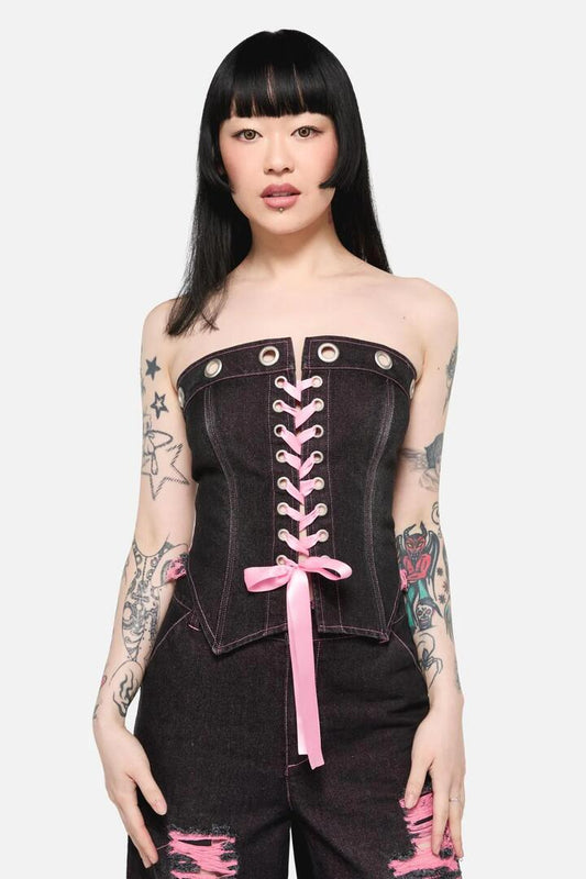 Image of a model wearing Denim. Productname: Scales Eyelet Denim Corset in Black colour by brand - Black Friday