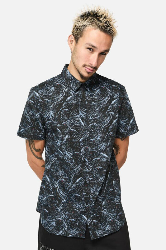 Image of a model wearing Tops. Productname: Murder Of Crows SS Shirt in Black colour by brand - Black Friday