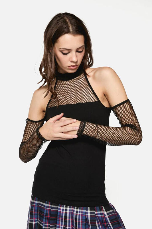 Image of a model wearing Tops. Productname: Scribbles Mesh Top in Black colour by brand - Dangerfield