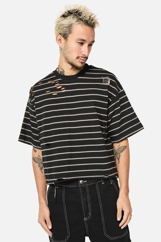 Image of a model wearing Tops. Productname: Scribbles Stripey Distressed Tee in Black/Grey colour by brand - Dangerfield