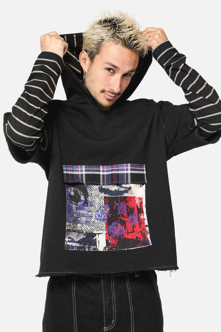 Image of a model wearing Outerwear. Productname: Rot Contrast Sleeve Hoodie in Black colour by brand - Dangerfield