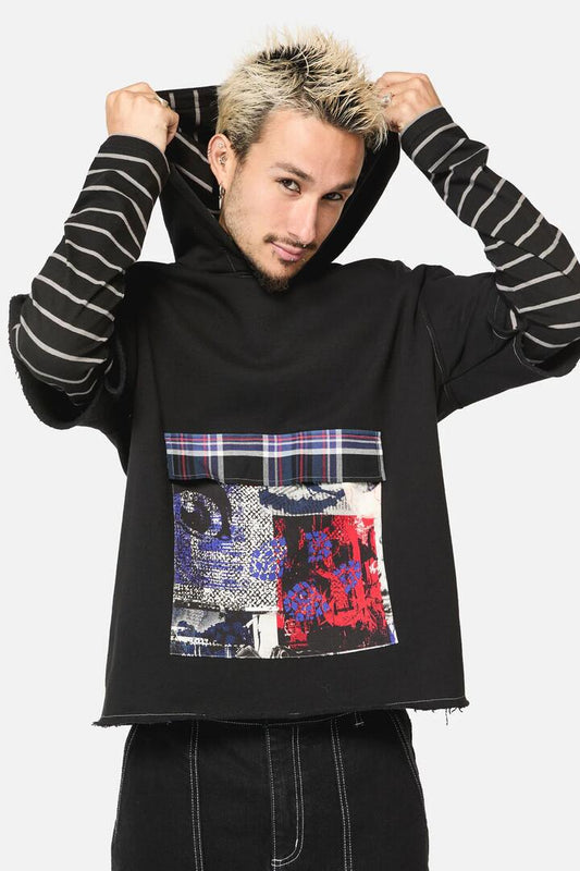 Image of a model wearing Outerwear. Productname: Rot Contrast Sleeve Hoodie in Black colour by brand - Dangerfield