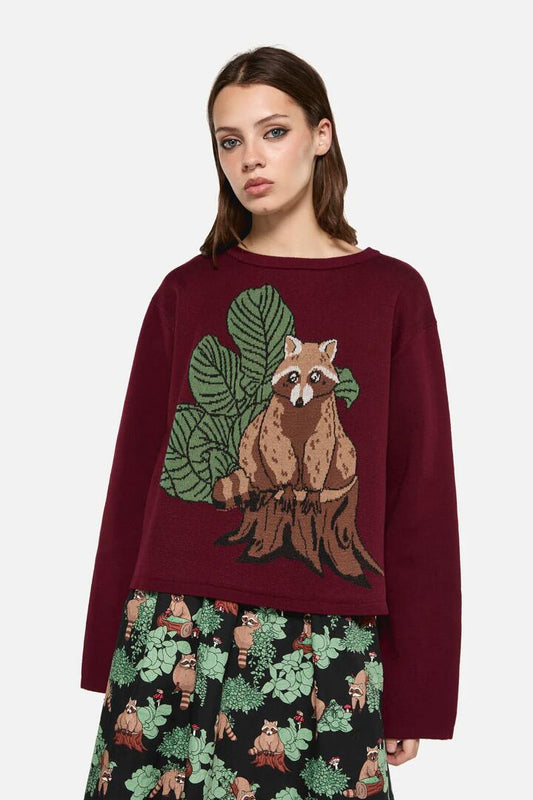 Image of a model wearing Tops. Productname: Haus Of Raccoon High Neck Knit in Maroon colour by brand - Dangerfield