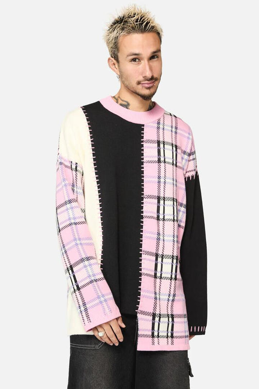 Image of a model wearing Tops. Productname: Dragon Scale Tartan Patch Knit in Multi colour by brand - Black Friday