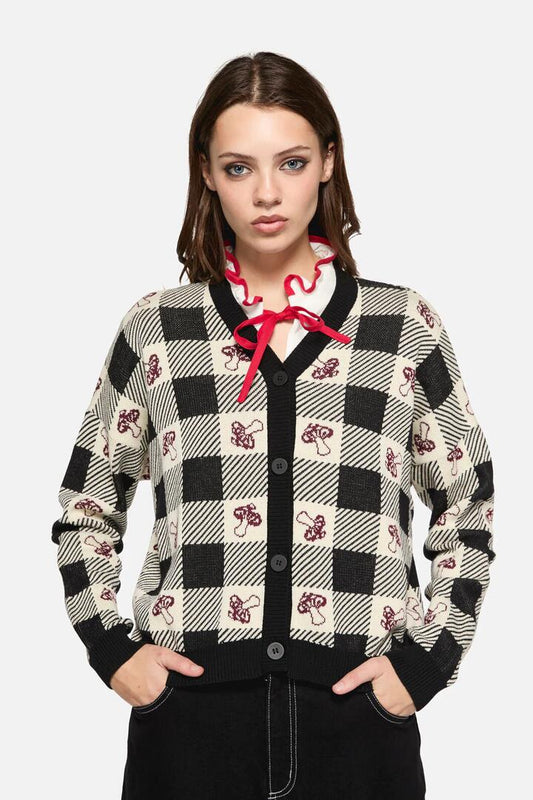 Image of a model wearing Outerwear. Productname: Sweet Home Intarsia Cardi in Black/White colour by brand - Dangerfield