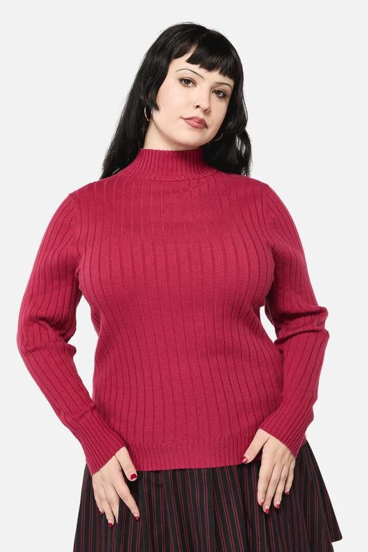 Image of a model wearing Tops. Productname: Curve Cub Huddle Knit Top in Red colour by brand - Dangerfield