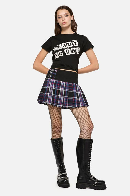 Image of a model wearing Skirts. Productname: Edgy Tartan Skort in Blue/Red colour by brand - Dangerfield