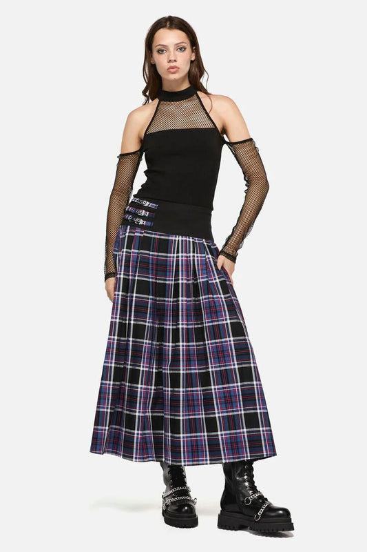 Image of a model wearing Skirts. Productname: Edgy Tartan Midi Skirt in Blue/Red colour by brand - Dangerfield