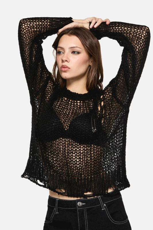 Image of a model wearing Tops. Productname: Scribbles Grunge Knit in Black colour by brand - Dangerfield