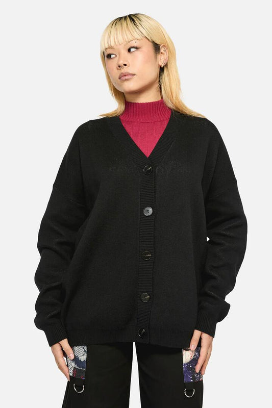Image of a model wearing Outerwear. Productname: Ready To Rot Grunge Cardigan in Black colour by brand - Dangerfield