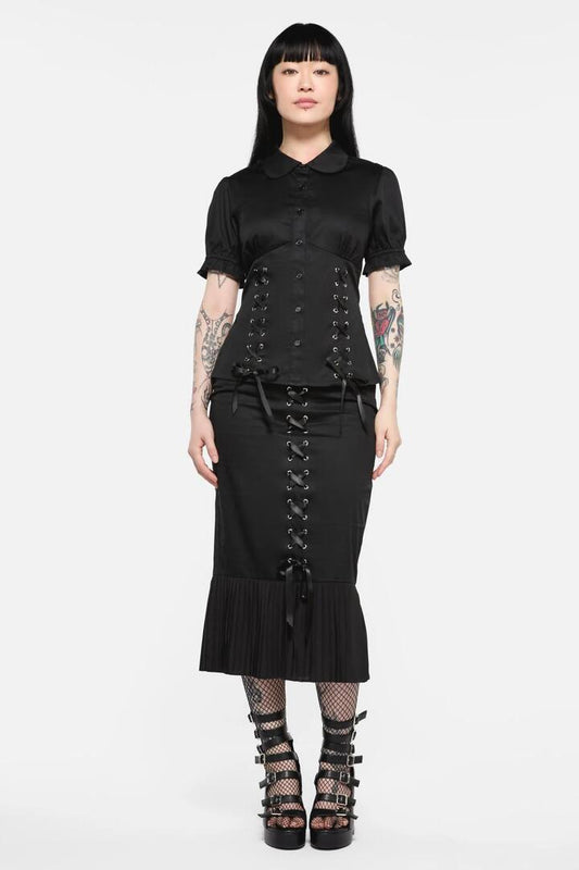 Image of a model wearing Tops. Productname: Immortal Gothic Blouse in Black colour by brand - Black Friday