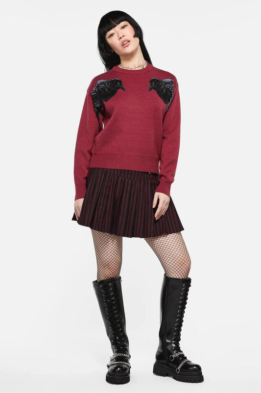 Image of a model wearing Outerwear. Productname: Apollo Crow Knit Jumper in Maroon colour by brand - Black Friday