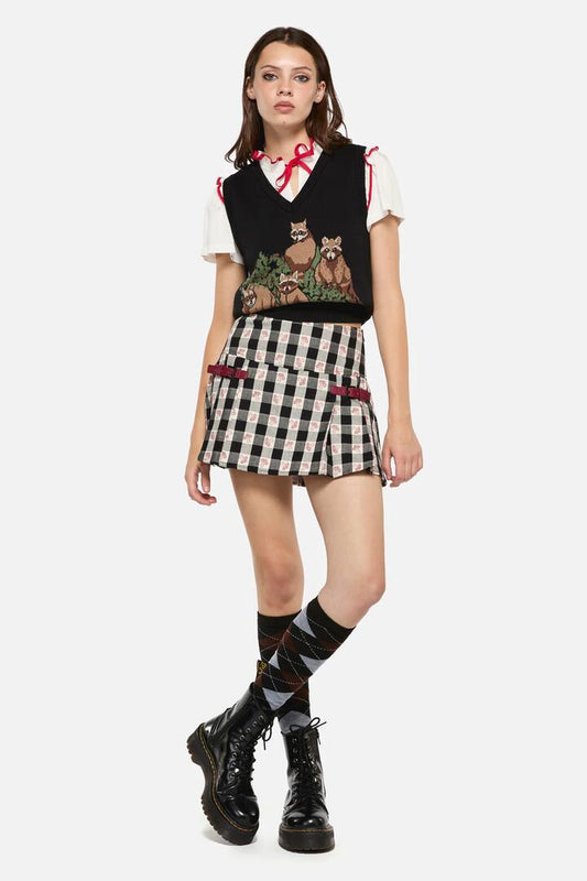 Image of a model wearing Skirts. Productname: Sweet Home Gingham Skort in Black/White colour by brand - Dangerfield