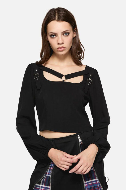 Image of a model wearing Tops. Productname: Little Bitter Buckle Strap Blouse in Black colour by brand - Dangerfield
