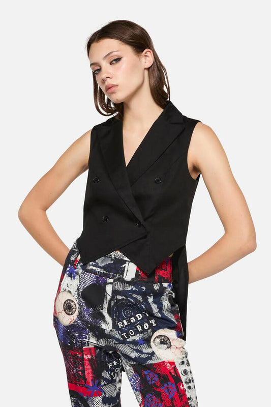 Image of a model wearing Tops. Productname: Little Bitter Tuxedo Vest in Black colour by brand - Dangerfield