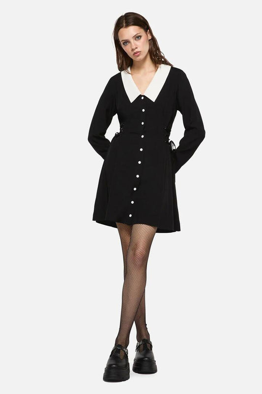 Image of a model wearing Dress. Productname: Ready To Rot LS Contrast Dress in Black/White colour by brand - Dangerfield