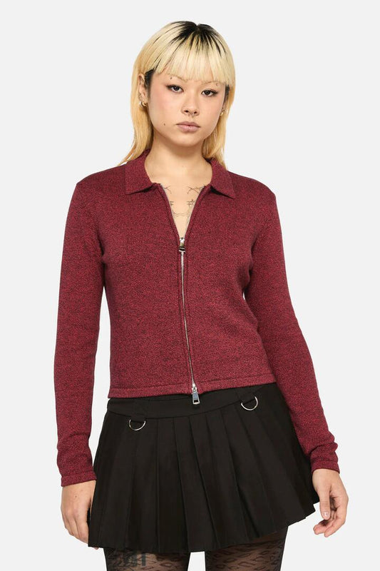 Image of a model wearing Outerwear. Productname: Scribbles Grunge Cardigan in Red colour by brand - Dangerfield