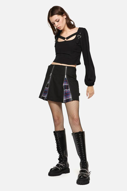 Image of a model wearing Skirts. Productname: Edgy Tartan Contrast Mini Skirt in Blue/Red colour by brand - Dangerfield
