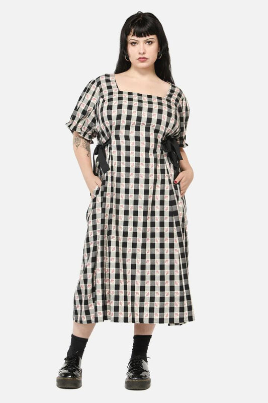 Image of a model wearing Dress. Productname: Curve Sweet Home Gingham Dress in Black/White colour by brand - Dangerfield